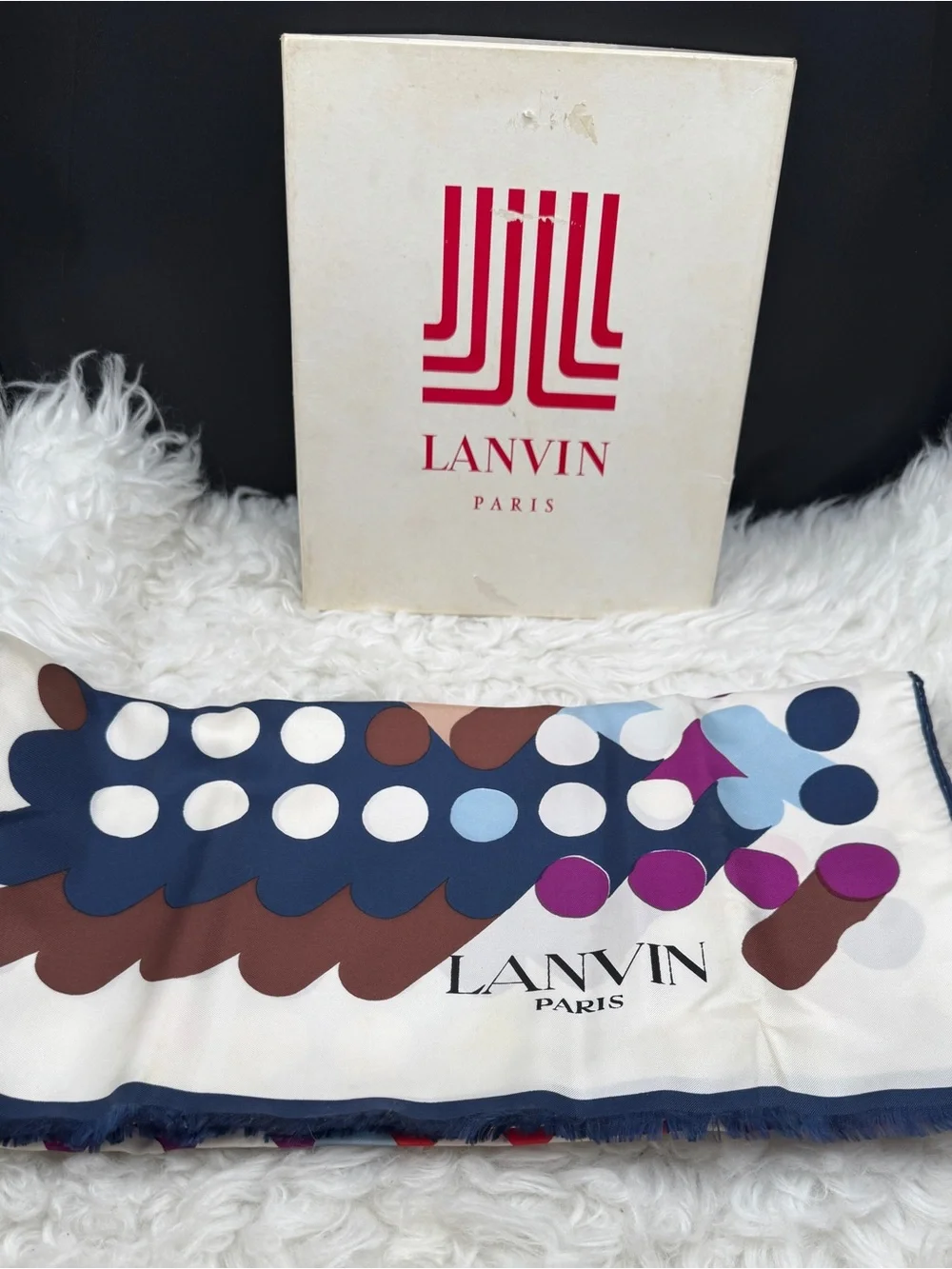 Lanvin Silk Scarf in Navy, Brown, White, Light Blue & Magenta with original box
